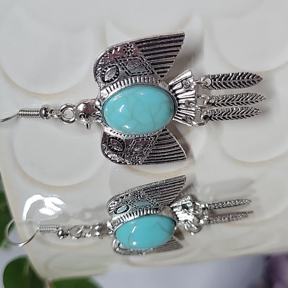 Turquoise Howlite Thunderbird Drop Earrings, S925 - Picture 4 of 5